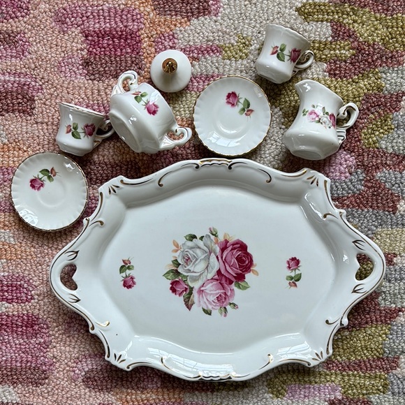 8-Pc Vintage Miniature Tea Set- platter, 2 tea cups, 2 saucers, sugar, creamer - Picture 2 of 16